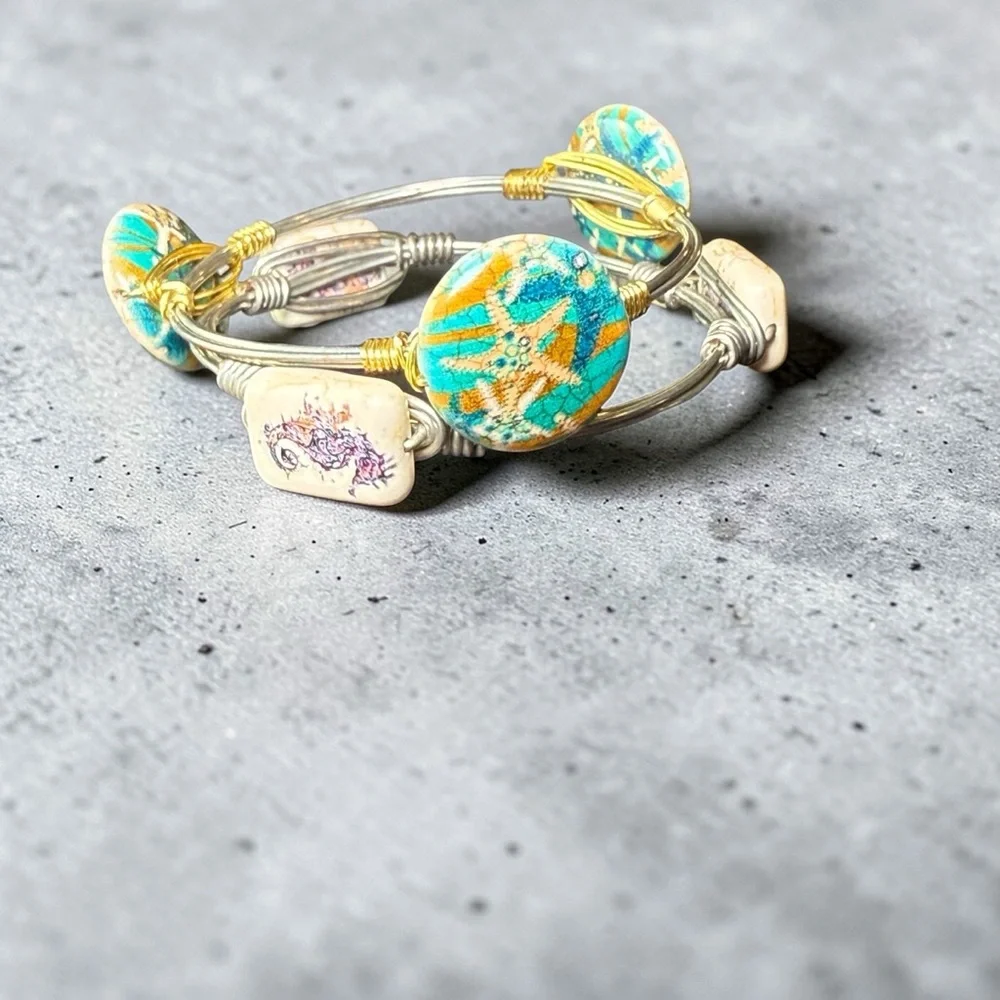Turquoise‎ Starfish Mixed Metal Wire Wrapped Bangle Bracelet Beach Boho Coastal